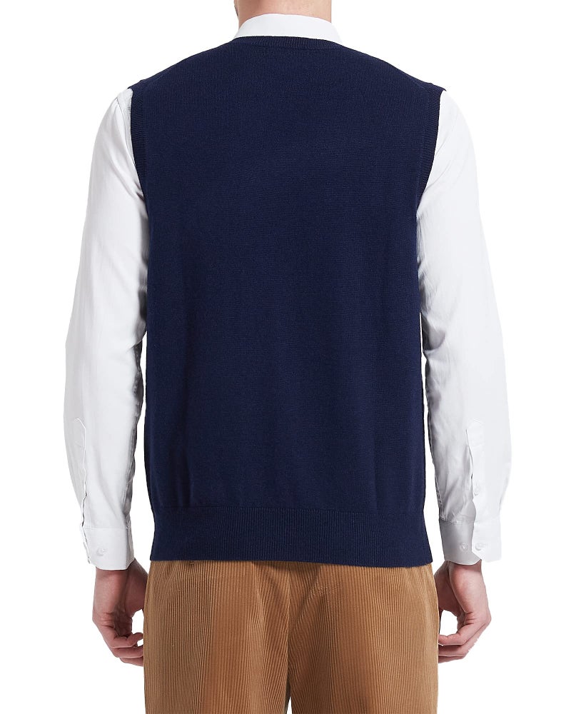 Kallspin Men's Wool Blended Vest Sweater Relaxed Fit V Neck Sleeveless Knitted Pullover (Navy Blue, Medium) - Image 3